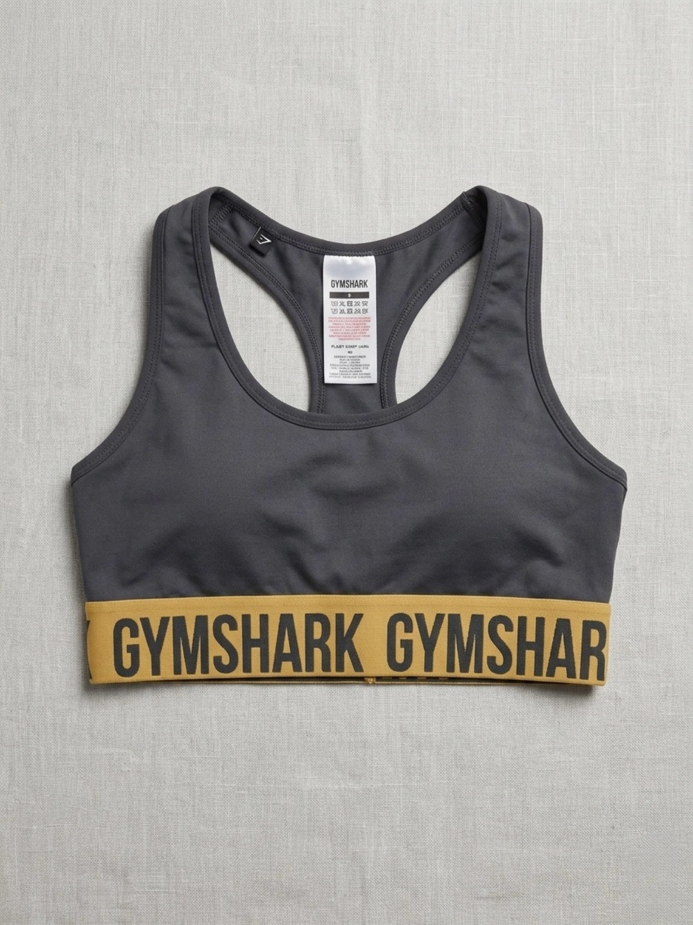 Gymshark Charcoal Sports Bra with Mustard Logo Band